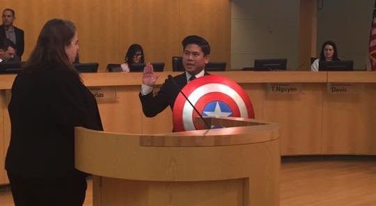 Lan Diep held a Captain America shield during his swearing-in ceremony to San Jose City Council on Tuesday.
