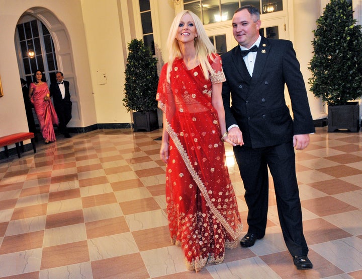 Michaele Salahi, left, and then-husband Tareq as they crashed a state dinner at the White House in 2009.