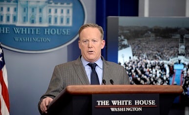 Trump's press secretary Sean Spicer disputing press reports about inauguration attendance on Jan. 21.