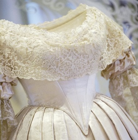 <p>Queen Victoria’s wedding dress on display.</p>