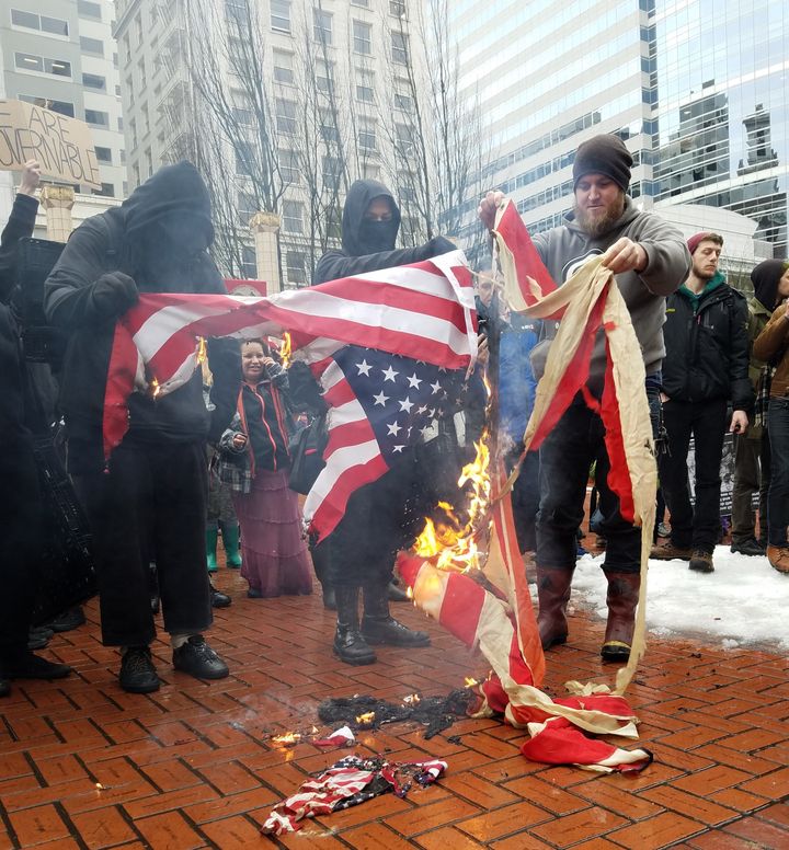 January 20, 2017 - The Flag Burning Extravaganza at Pioneer Square, Portland, OR