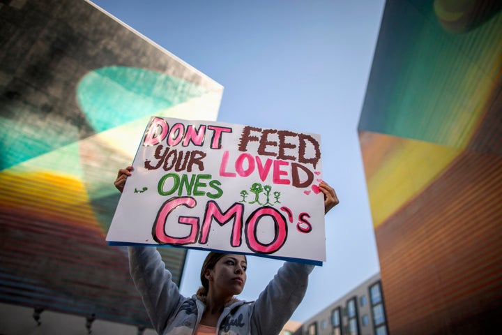 A demonstrator during one of many worldwide "March Against Monsanto" protests in Los Angeles on Oct. 12, 2013.