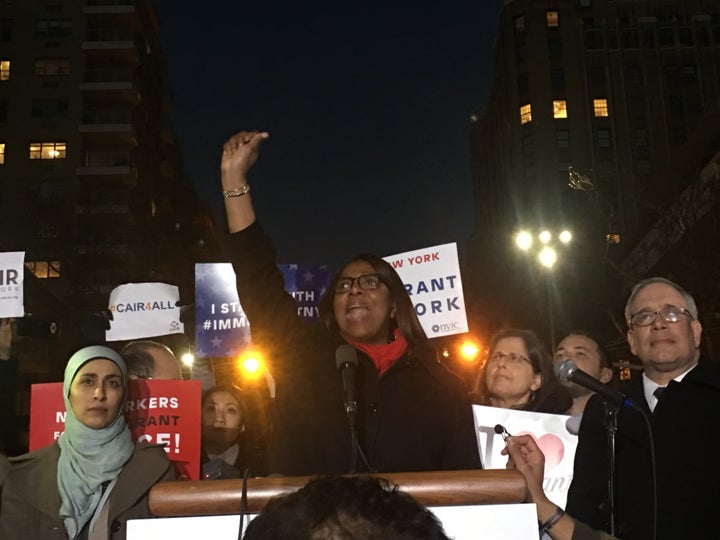 Letita James speaks to a crowd of protesters Wednesday night in Washington Square Park.