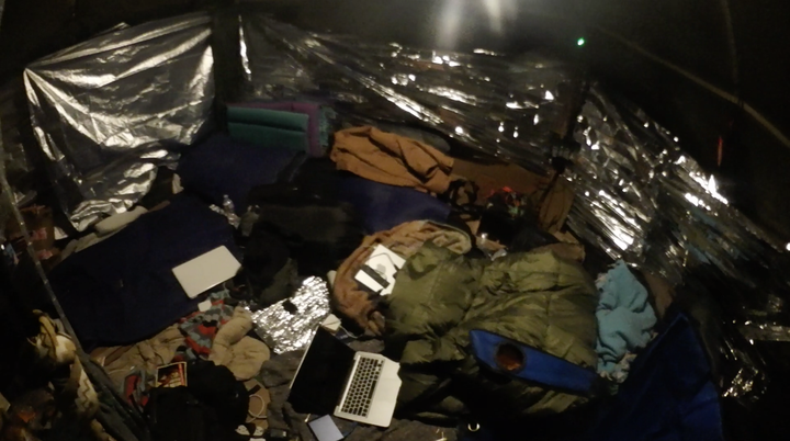 Aerial of HQ. The author slept in the top left corner. You can see his mat rolled up and stashed against the mylar-lined wa