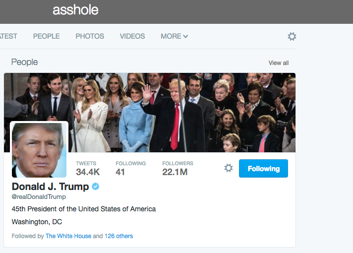 A Twitter search for "asshole" pulled up Donald Trump's profile at 9:39 p.m EST Wednesday.