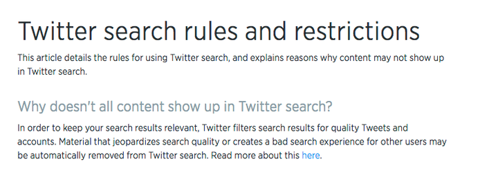 Screenshot from the "<a href="https://support.twitter.com/articles/42646" target="_blank">search rules and restrictions</a>"