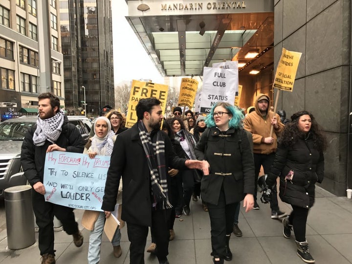 Protesters gather to demonstrate against Fordham’s decision to veto SJP’s application for club status.