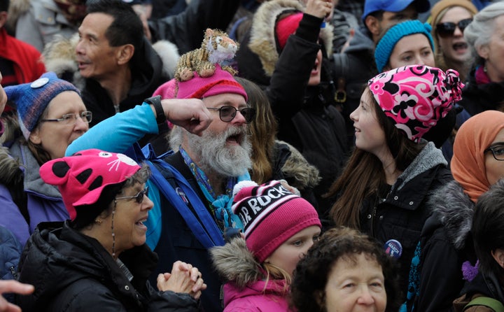 Protesters in Toronto wearing pink 'pussy hats' during the Women's March on Jan. 21.