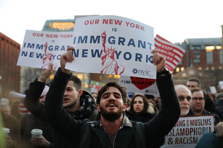 Responding to executive actions against Muslims and immigrants by President Donald Trump, hundreds rallied in New York City&n