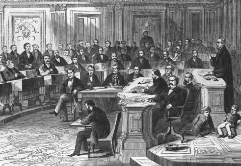 A depiction of the 1868 impeachment proceedings against President Andrew Johnson. The Senate's vote on the 11th Article of Impeachment fell one vote short of the twothirds majority needed to impeach Johnson. Two other articles were later defeated.