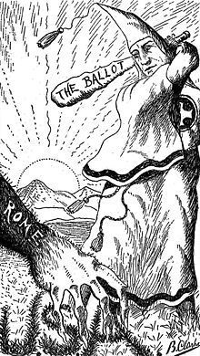 Political cartoon of a Klu Klux Klan Member beating off the hairy, ape-like hand of Rome.