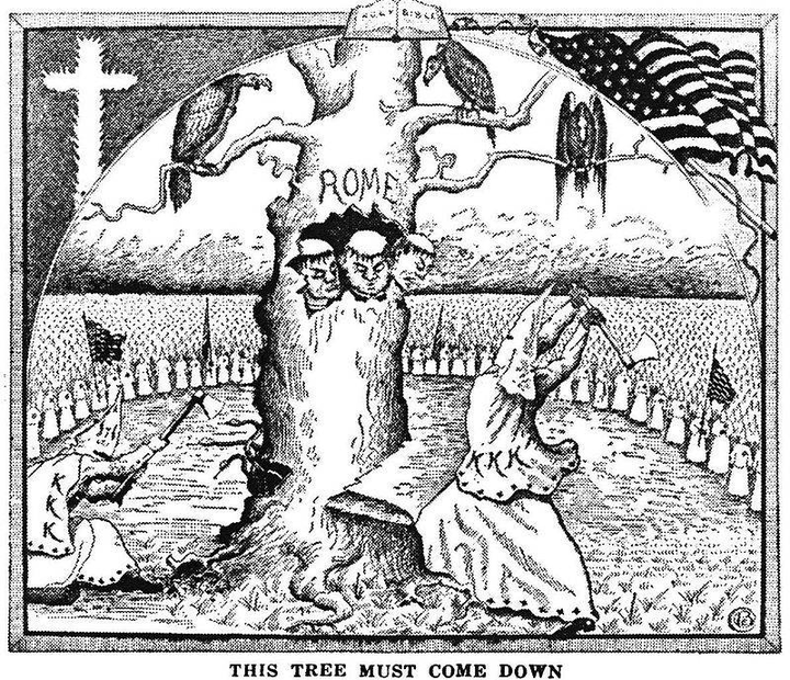 The Klan was opposed to Italians on racial and religious grounds. Italians were often depicted as an impure race in service o