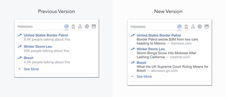 The old trending display (left), and the new one (right), which includes headlines and the name of the news outlet.