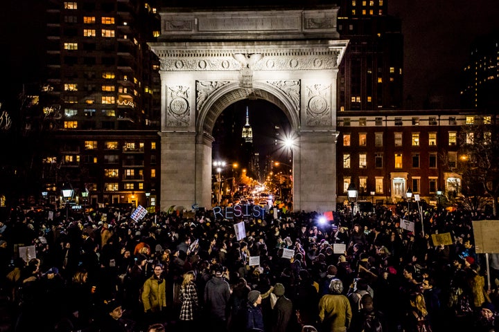 Thousands of New Yorkers rallied in Washington Square Park on Jan. 25, voicing loud, revolutionary opposition to President Tr