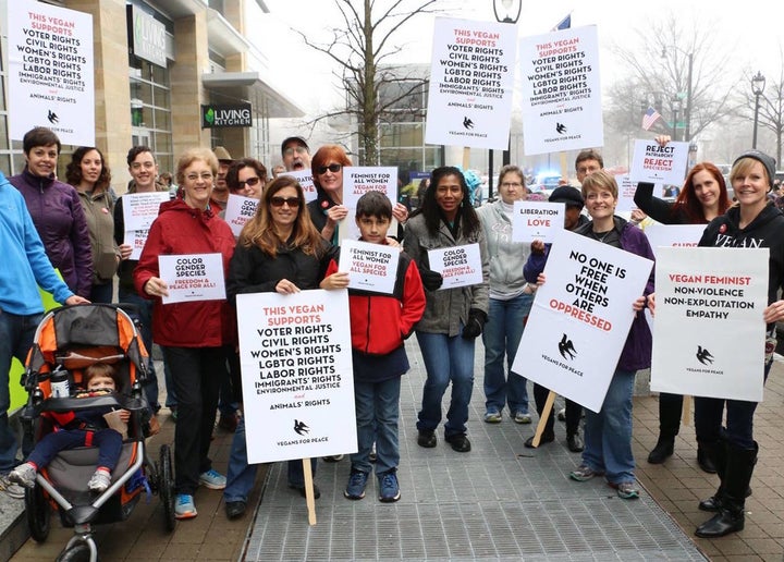 Vegans unite at the women’s march in Raleigh, NC. Photo <a rel="nofollow" href="https://www.facebook.com/vegansforpeace/" tar