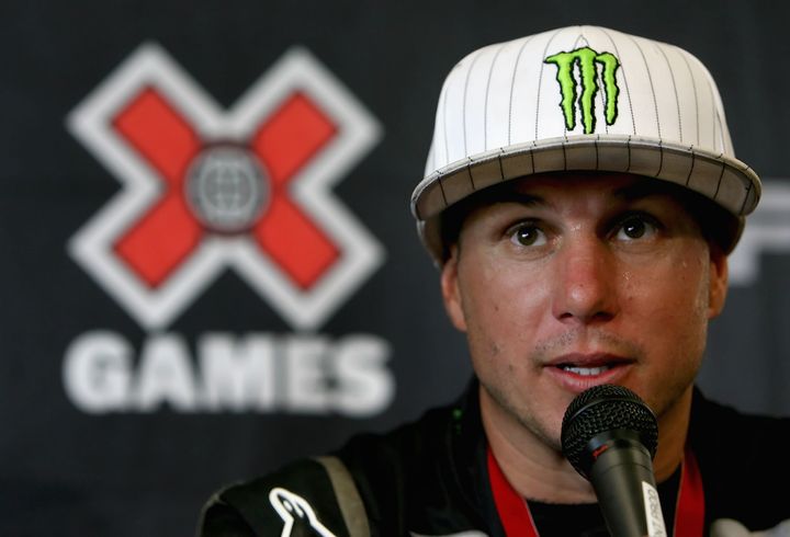 Dave Mirra speaks in a press conference after the Rally Car race during the summer X Games 14 at Home Depot Center on Aug. 3, 2008, in Carson, California.