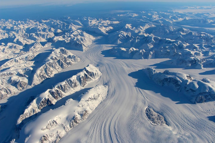 Heimdal Glacier in southern Greenland is seen in a NASA image captured by Langley Research Center's Falcon 20 aircraft, Oct. 13, 2015.