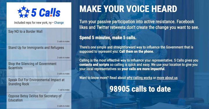 The 5 Calls website encourages voters to make five phone calls in five minutes.