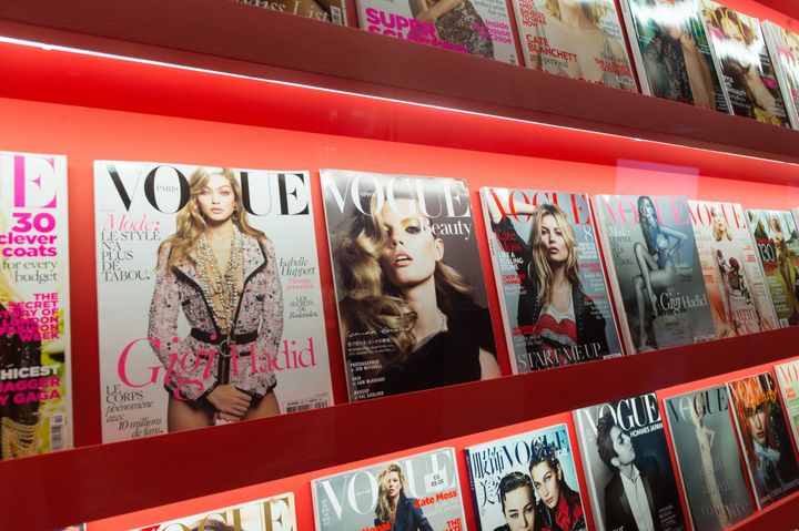 Selection of Vogue fashion magazine covers featuring the work of hair stylist Sam McKnight on 1 November 2016 in London, England.