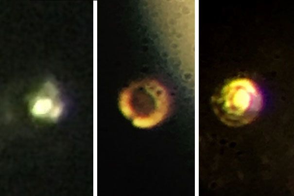 Microscopic images of the stages in the creation of atomic molecular hydrogen: Transparent molecular hydrogen (left) at about 200 GPa, which is converted into black molecular hydrogen, and finally reflective atomic metallic hydrogen at 495 GPa. Courtesy of Isaac Silvera.