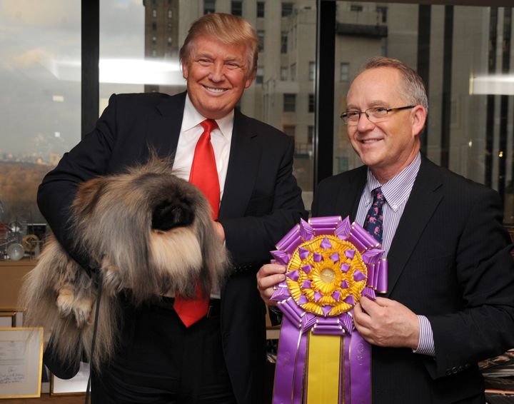 Malachy the Pekingese, who won best in show at the 136th Annual Westminster Kennel Club dog show, visits Trump at his New York office in February