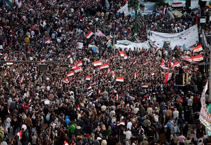 Anti-government protesters demand that President Hosni Mubarak step down at Tahrir Square on Feb. 10, 2011 in Cairo, Egypt.