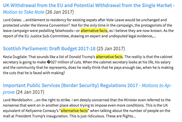 'Alternative facts' was recorded on three occasions in Hansard, the parliamentary record, in the last week.