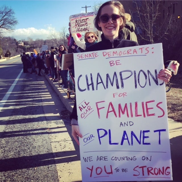 <p>Mary Anne Hitt rallies with her fellow Shepherdstown, WV, residents when the Senate <a href="https://www.huffpost.com/news/topic/democratic-party">Democrats</a> were in town for a retreat in January 2017. </p>