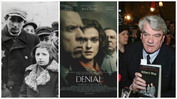 (L) Jews wearing Star of David badges in the Lodz Ghetto in German-occupied Poland, (C) a promotional poster for Denial and (R) David Irving.