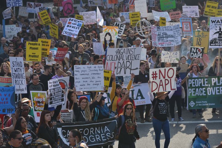 Supporters of Standing Rock Sioux Tribe and thousands of demonstrators attend a protest against DAPL.