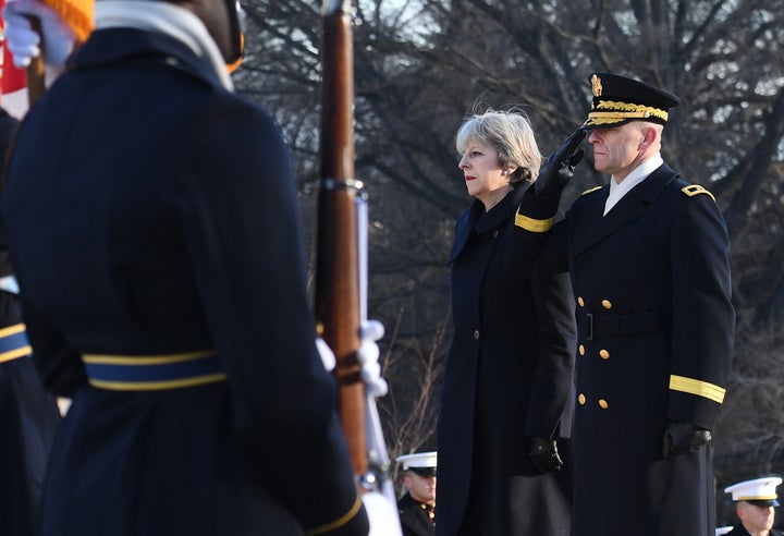 May lays a wreath at Arlington National Cemetery in Washington