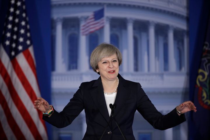 May arrives to speak at the Republicans Congressional retreat in Philadelphia on Thursday