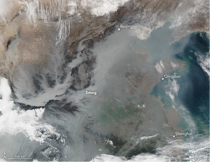 Satellite image of man-made smog from coal, vehicle and industrial emissions over eastern China on Jan. 25, 2017. 