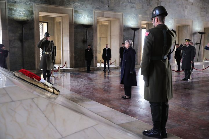 May lays a wreath at the tomb of Ataturk, the founder of modern Turkey