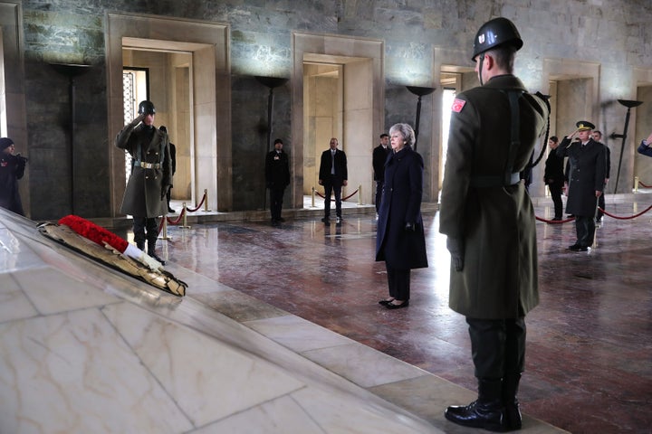 May lays a wreath at the tomb of Ataturk, the founder of modern Turkey