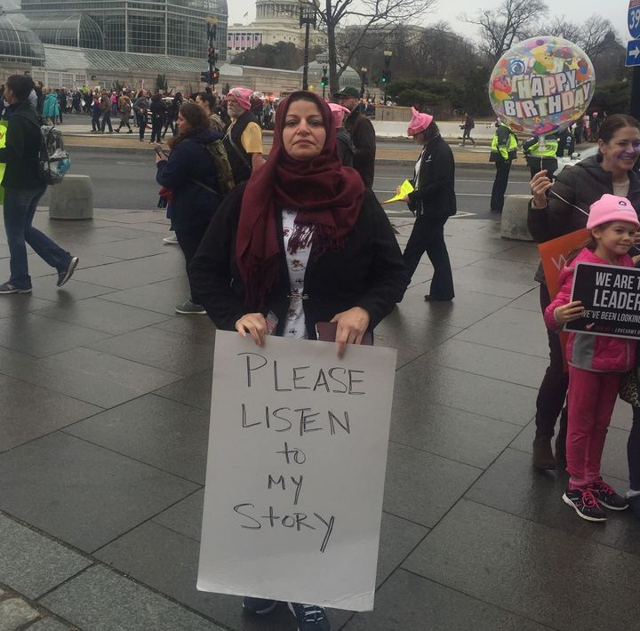 Meathaq, a recent arrival from Baghdad, participated in the Women's March on Jan. 21, 2017. Her twin daughters remain in Iraq.