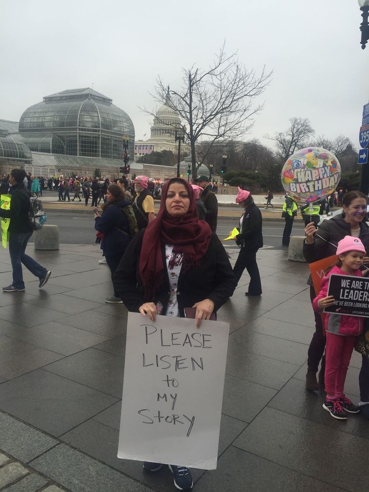 Meathaq, a recent arrival from Baghdad, participated in the Women's March on Jan. 21, 2017. Her twin daughters remain in Iraq.