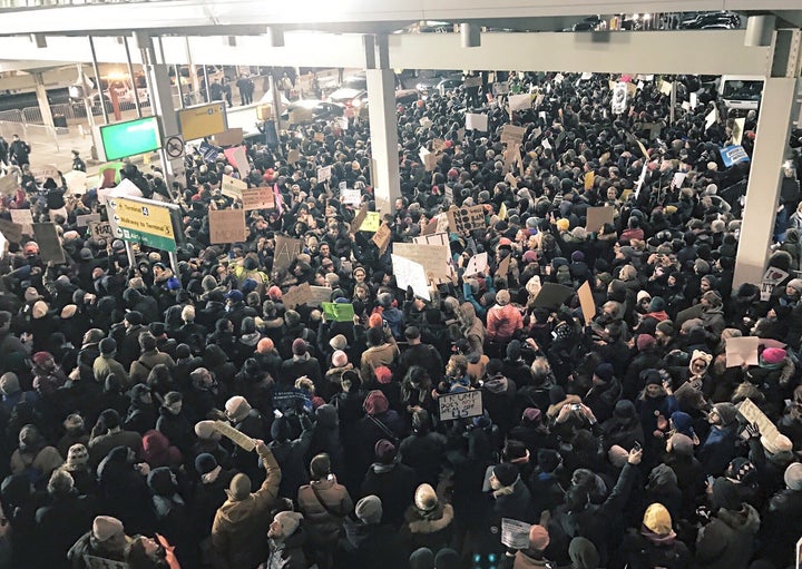 <p>Massive protest at JFK airport terminal 4, Jan. 28, 2017</p>