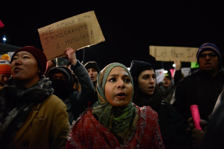 Protesters demonstrate against President Trump's immigration ban at John F. Kennedy International Airport on Jan. 28.