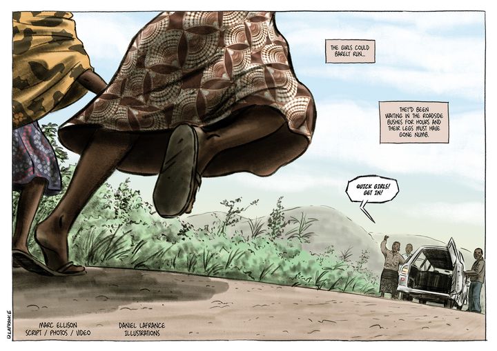 Scene from the ‘Safe House’ graphic novel showing Tanzanian girls fleeing their families who want them to undergo female genital mutilation.