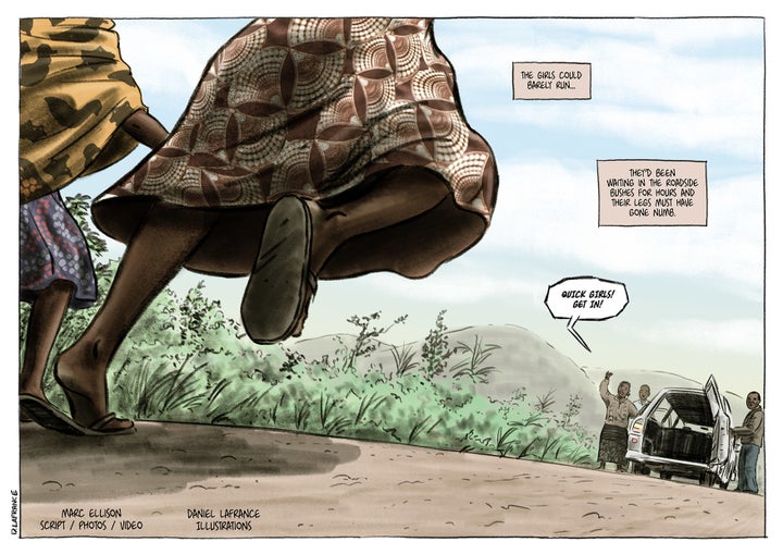 <p>Scene from the ‘Safe House’ graphic novel showing Tanzanian girls fleeing their families who want them to undergo female genital mutilation.</p>