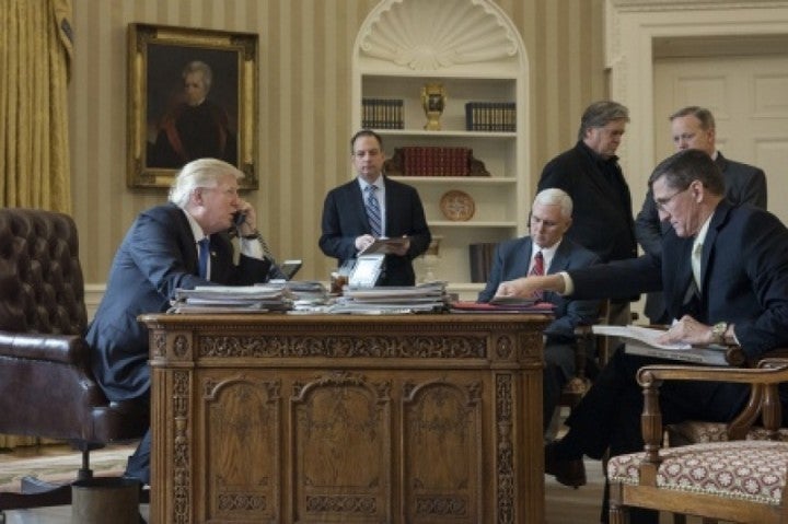 Donald Trump Speaks With Vladimir Putin in the Oval Office. Right to left: Ret. Gen. Matt Flynn (seated), Press Secretary Sean Spicer, Senior Advisor Steve Bannon, Vice President Mike Pence (seated), Chief of Staff Reince Preibus