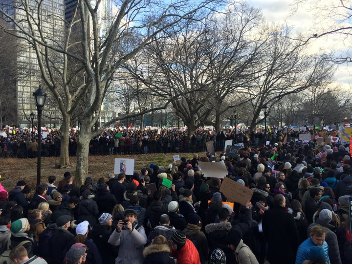 Protesters gather in New York's Battery Park.