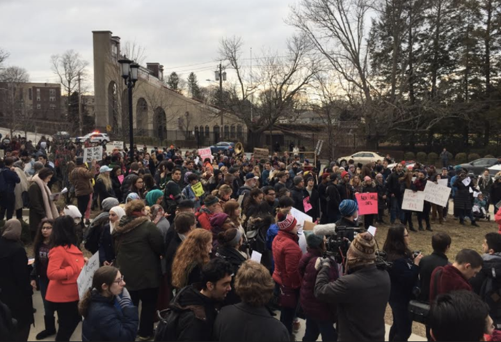 Protesters gathered outside of Sen. Sheldon Whitehouse's (D-R.I.) spaghetti dinner to speak out against his vote for President Donald Trump's CIA nominee. 