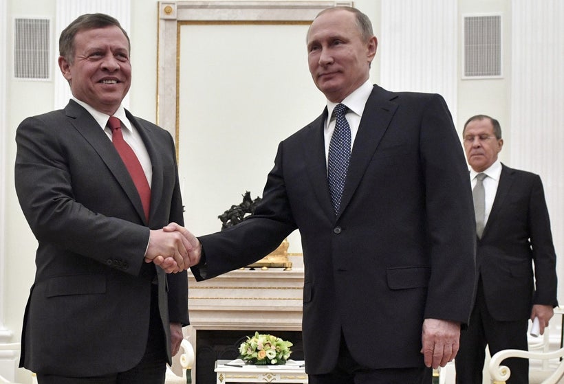 Russian President Vladimir Putin, right, shakes hands with Jordan’s King Abdullah II during their meeting in the Kremlin in