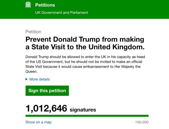 More than 1 million people have signed a petition calling for Donald Trump's state visit to be cancelled.