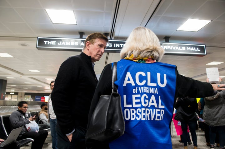 An ACLU legal observer during the protest at Dulles International Airport in Virginia