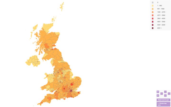 This map shows the areas where the most people have signed the petition to ban Trump's visit