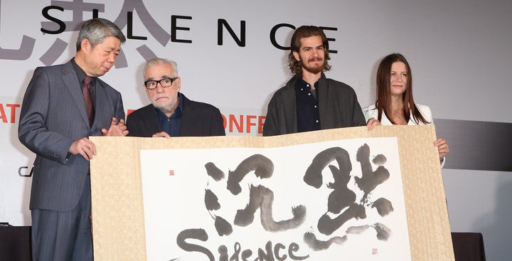 Director Martin Scorsese, actor Andrew Garfield and producer Emma Koskoff attend press conference for director Martin Scorses