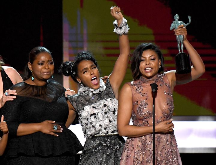 Octavia Spencer, Janelle Monáe, and Taraji P. Henson accept the SAG Award for Outstanding Performance by a Cast in a Motion Picture for "Hidden Figures" on Sunday. 